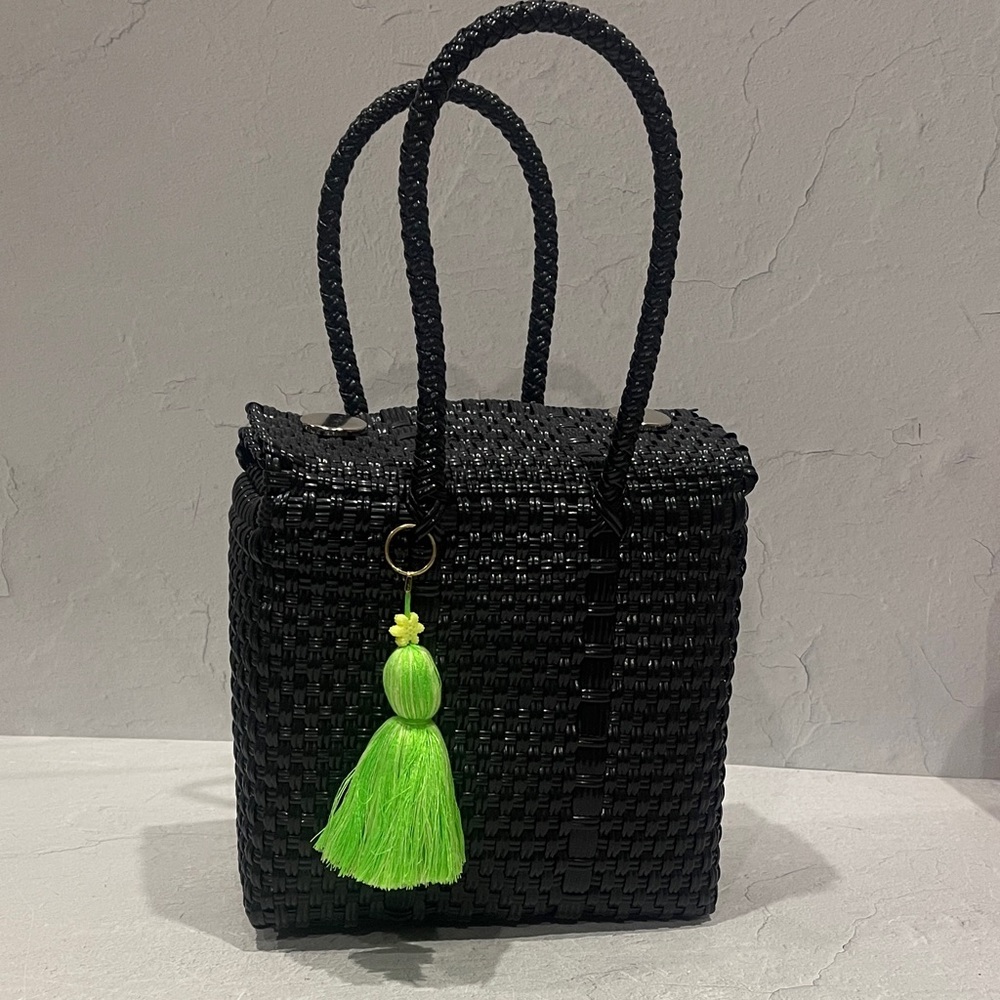 Handmade  Black Woven Mini Bag with Neon Green Tassel